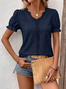 EMERY ROSE Women's Summer Casual Mesh Embroidered Lace Patchwork T-Shirt - Navy Blue - View 6