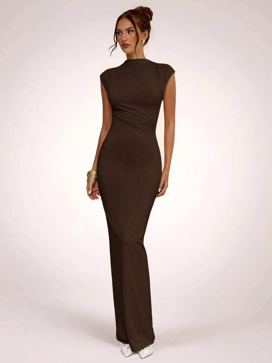SHEIN BAE Apricot Asymmetric Ruched Bodycon Dress, Elegant Basic Minimalist Long Dress, Spring/Summer,Summer Dresses For Women - Coffee Brown - View 1