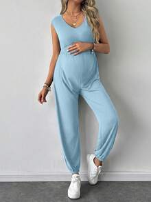 SHEIN Pregnant Women's Solid Color V-Neck Sleeveless Casual Jumpsuit, Summer - Baby Blue - View 5