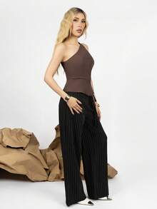 PRISCILA ESCOTO PRISCILA ESCOTO Striped Low Waist Wide Leg Floor Length Pants With Dual Waist Tie Decoration Black - Black - View 6