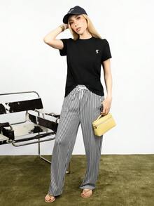 PRISCILA ESCOTO PRISCILA ESCOTO Women's T-Shirt With Drawstring & Striped Shorts, Black & White Horse Logo 2 Pieces Set - Black - View 1