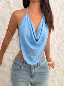 Firerie Top halter con frente drapeado y espalda descubierta para fiesta - Azul - Ver 6
