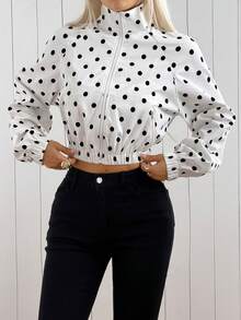 SHEIN EZwear 白色底波点梭织女式插肩袖拉链外套 - 黑與白 - 查看 4