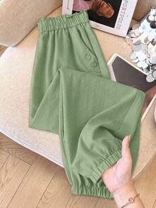 Linhara Damen Lässig Hose in Unifarbe mit Tunnelzug Taille und Papiertragetasche-Stil, Große Größen - Grün - Übersicht 5