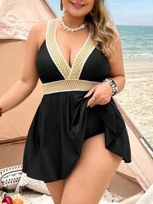Swim Lushoire Plus Size Women 2pcs Solid Color Strap Patchwork Sexy Beach Beach Vacation Resort Bikini Swimsuit Summer - Black - View 5