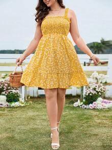 SHEIN LUNE Plus Size Printed Spaghetti Strap Dress With Ruffle Trim For New Year Clothes Vacation Yellow Summer Boho - Yellow - View 5