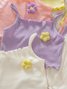 SHEIN 4Sets Young Girl Kids Solid Color Knitted 3D Floral Camisole And Shorts Set - Multicolor - View 5