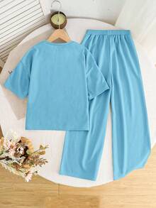 SHEIN 2pcs/Set Tween Girls Casual Loose Comfortable Round Neck Short Sleeve T-Shirt And Pants Set - Blue - View 3