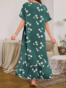 Serenescape Bubble Ruffle Hem Floral Print Long Nightgown - Green - View 2