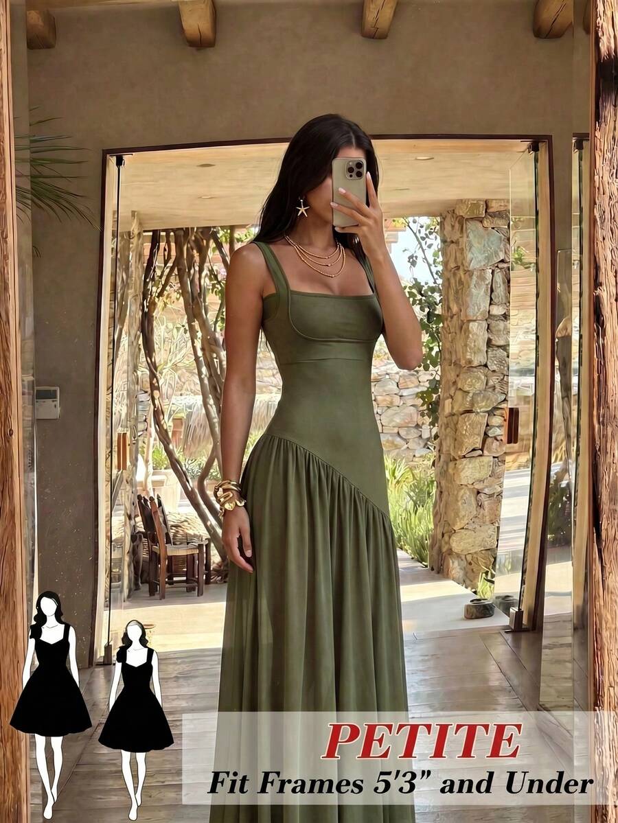 SHEIN PETITE Women's Fashion Square Neck Green Backless Patchwork Dress - Army Green - View 1