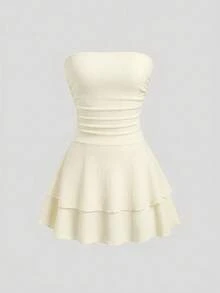 Sweetra Damen Neues Minimalistisches Einfarbiges Trägerloses Strick Mini Kleid, Mehrschichtiges Tortenkleid - Beige - Übersicht 3
