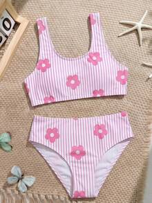 SHEIN Set Baju Renang Kasual Motif Bunga dan Garis untuk Liburan Pantai bagi Anak Perempuan Remaja. - Berwarna merah muda - View 4