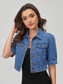 EMERY ROSE Plus Size Solid Color Front Button Casual Short Sleeve Denim Jacket, Summer - Blue - View 6
