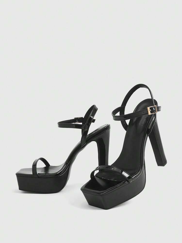 CUCCOO LuxiPop Summer New Black Thick Heel Square Toe Fashionable Sexy Versatile Women's High Heel Sandals