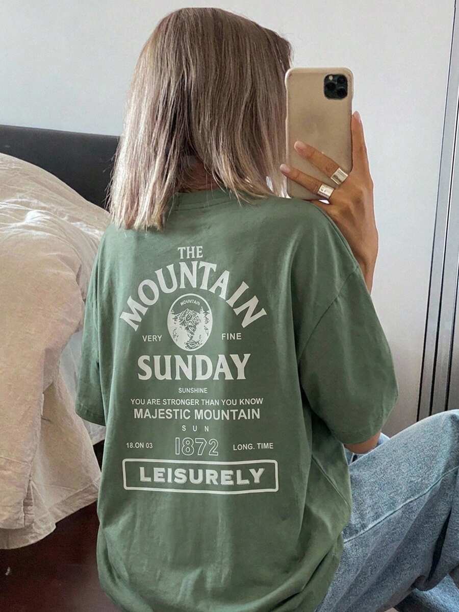 DAZY Letter Graphic Drop Shoulder Tee Summer Oversized T-Shirt Easter - Green - View 1