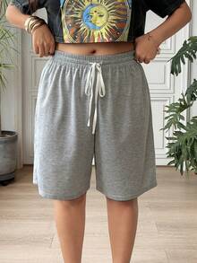 SHEIN EZwear 大码夏季休闲运动抽绳腰带运动裤 - 灰色 - 查看 1