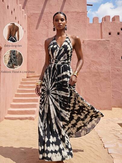 Zivah New Elegant Tie-Dye Print Long Dress/Coverup For Women, Suitable For Beach, Pool Party, Vacation. Bohemian Style Dress/Coverup With Tie-Dye Pattern In Black And White.