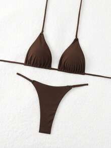 Swim Basics 女性夏季沙灘純色性感比基尼套裝泳衣，適用於假期旅行 - 咖啡棕 - 查看 4