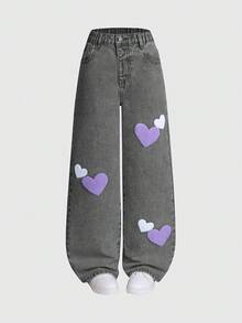 SHEIN 少女牛仔两件套，2025秋冬新款，欧美时尚水洗牛仔套装，饰有铆钉珍珠，时尚牛仔外套+宽松直筒牛仔裤，适合日常穿着、上学、通勤、派对、万圣节等场合，舒适的中腰设计。 - 灰色 - 查看 3