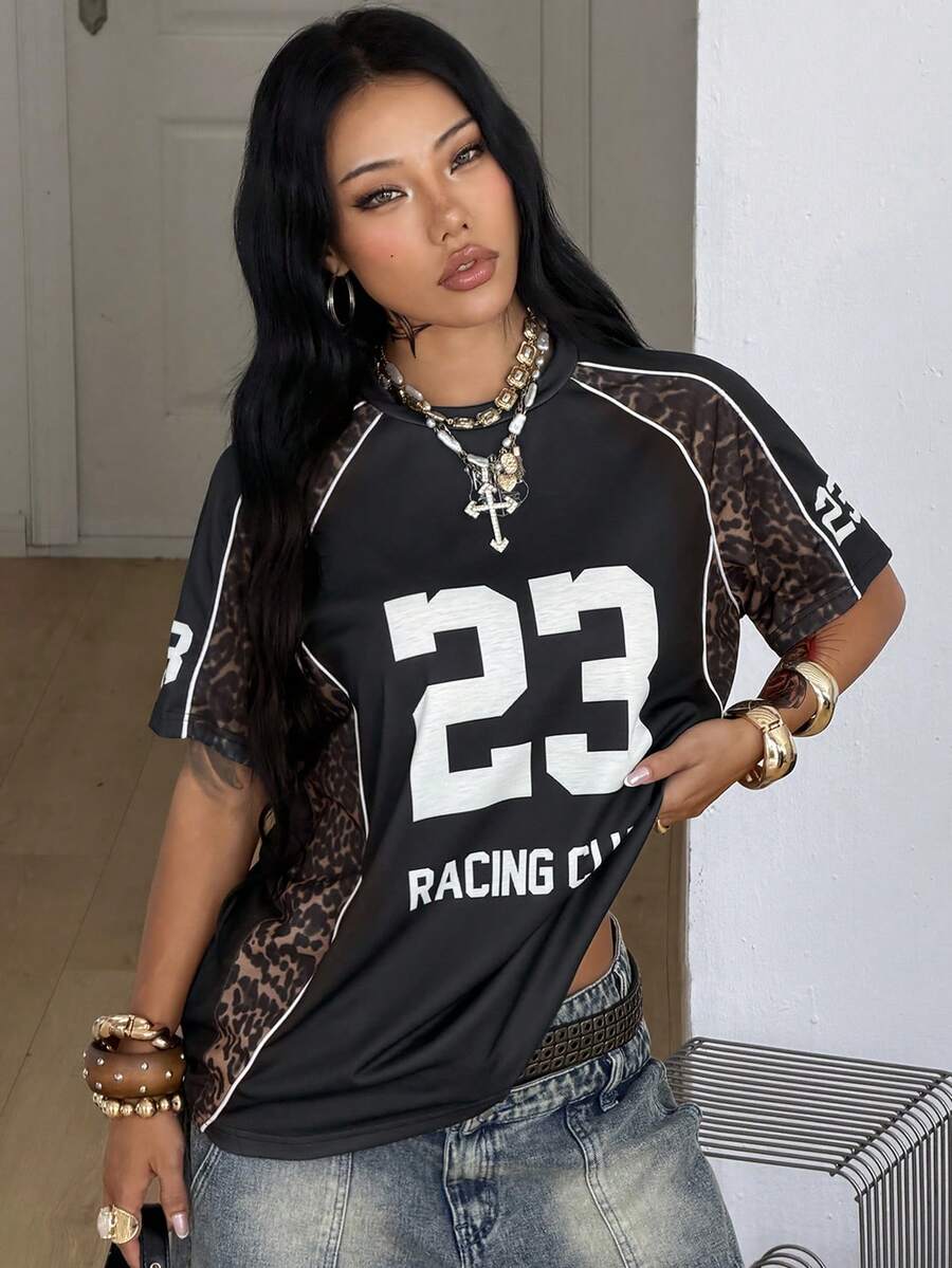 Coolane 女士街头风 Y2K 酷炫活动字母印花撞色短袖黑色 T 恤 - 彩色 - 查看 1