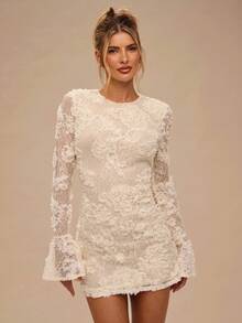 SHEIN BAE Váy ngắn tay loe dệt kim họa tiết hoa mùa thu, váy vàng, váy vàng kem, váy sinh nhật, váy hẹn hò, váy dự tiệc ngày lễ - Màu vàng - Xem 7
