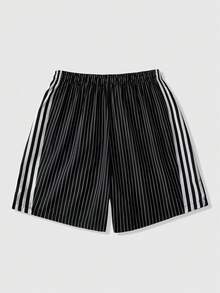ROMWE MEN Men's Contrast Stripe Print Drawstring Waist Casual Shorts - Black - View 2
