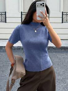 Siren Gaze 女款純色高領短袖羊毛針織上衣，夏季日常水藍色休閒基礎款辦公商務 - 藍色 - 查看 5