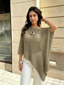 SHEIN Franclia 女士夏季度假镂空针织圆领不对称下摆毛衣 - 卡其色 - 查看 4