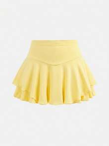 SHEIN 少女休闲街头时尚纯色运动裙 - 黃色 - 查看 6