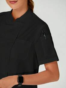 TaskEZ White Short Sleeve Chef Coat Jackets For Women Front Button Short Sleeve Pocket Minimalist - Black - View 4