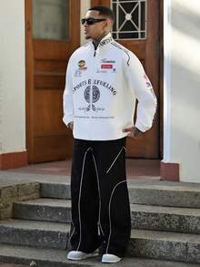 Devon Thys Manfinity Streetrush 男士长袖休闲标语印花立领锐舞夹克，春秋季款 - 白色 - 查看 6