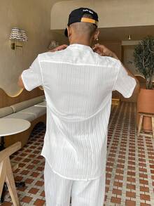 Ngobest Haus Ngobest Haus 2pcs Men Casual Solid Color Textured Short Sleeve Shirt And Drawstring Waist Loose Straight-Leg Pants Set, Men Two Pieces Outfits, Men Clothes, Cozy Outfits - White - View 6