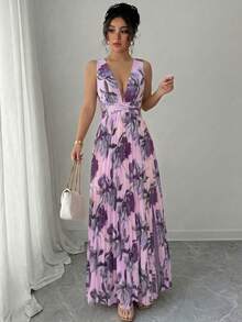 a Vestido elegante y romántico para mujer con cuello en V sin mangas, cintura hueca, plisado en línea A y estampado floral - Multicolor 10 - Ver 3