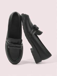 CUCCOO DOLLMOD Giày lười nữ mũi tròn gót chunky kiểu dáng preppy màu đen, thích hợp đi làm và đi làm hàng ngày. - màu đen - Xem 1