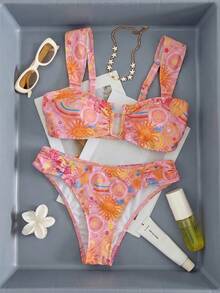 Swim Mod 女款夏季桃橘色豹紋波點印花寬肩帶U領連身泳衣，高腰顯瘦比基尼套裝，性感海灘度假泳裝 - 粉色 - 查看 4