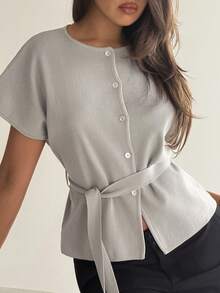 Aloruh Áo khoác cardigan nữ thanh lịch, nhẹ nhàng, đan móc, có thắt lưng, thiết kế buộc eo thời trang, giúp thon gọn vóc dáng, thích hợp cho mùa hè. - Màu Khaki - Xem 7
