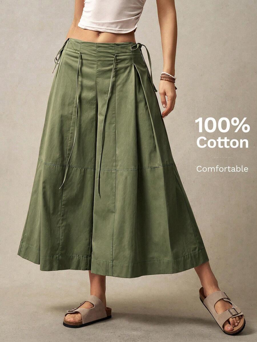 Bohemela Women's Solid Color Tie-Waist Loose Wide-Leg Pants, Vacation - Army Green - View 1