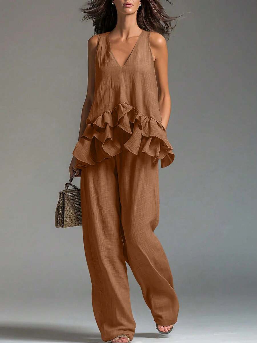 LUMIGAL Women's Solid Color V-Neck Pleated Top And Pants Casual Suit - Coffee Brown - View 1