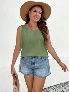 EMERY ROSE Plus Size Casual Solid Color Round Neck Loose Green Tank Top, Summer Vacation - Green - View 4