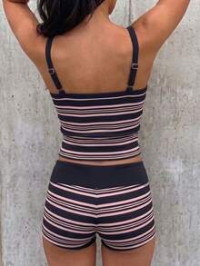 SHEIN EZwear 夏季撞色滚边条纹吊带背心和短裤套装 - 黑色 - 查看 2