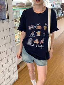DAZY 女士圆领宽松印花休闲T恤 - 寶藍色 - 查看 3