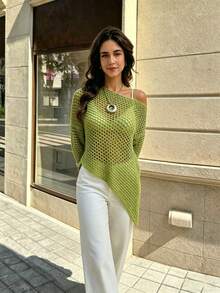 SHEIN Holidaya Women's Solid Color Hollow Casual Versatile Daily Wear Sweater - Mint Green - View 6