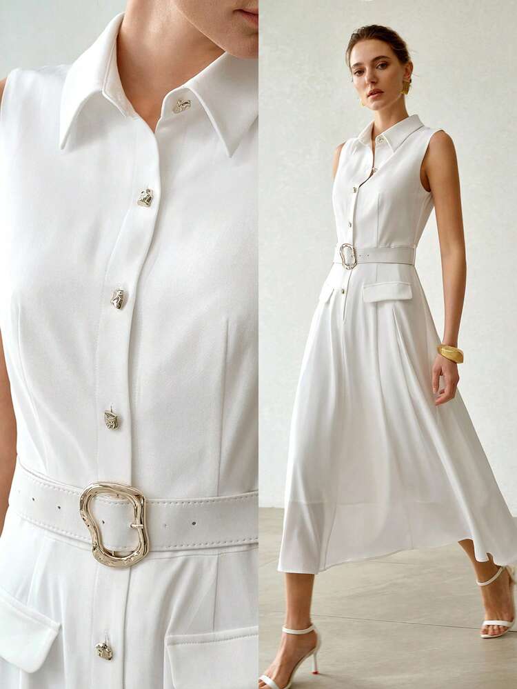 WOMEN'S FASHIONABLE SLEEVELESS BELTED WAIST DRESS