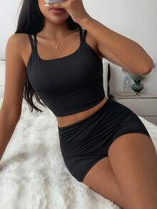 DAZY 2pcs/Set Crop Top Camisole And Shorts, Solid Color Women Sports Bra And Shorts Set, Summer - Black - View 3