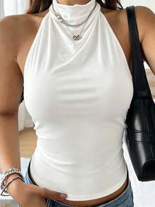 EMERY ROSE Talla grande Camiseta básica elegante de cuello alto y espalda cruzada elástica y ajustable - Blanco - Ver 3