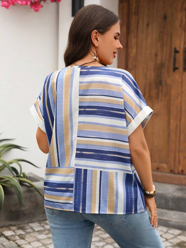 Plus Size Women Summer Casual Vacation Colorblock Striped Patchwork Print Batwing Sleeve Loose Blouse