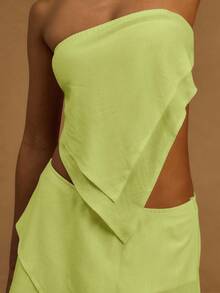 MUSERA Top asimétrico con sobrefalda de lino para Ibiza, vacaciones, playa, Isla Blanca, top tubo con pañuelo, tops de festival, salida, fiesta, elegante para primavera y verano, despedida de soltera - Verde Lima - Ver 4