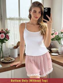 Snug Reverie White Polka Dot Jacquard Lace Hem Cute Sweet Elastic Waist Shorts Sleeping Summer - Pink - View 2