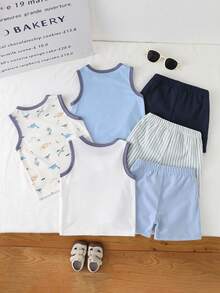 SHEIN Playful Pals 3件套男婴/中性婴幼儿新生儿0-3岁条纹纯色三件套服装，包括圆领无袖背心、恐龙印花上衣和纯色印花上衣、条纹短裤，休闲可爱夏季亲子装 - 彩色 - 查看 2