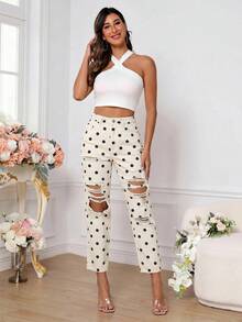 SHEIN PETITE 女士波点纽扣做旧休闲百搭日常牛仔裤 - 彩色 - 查看 4